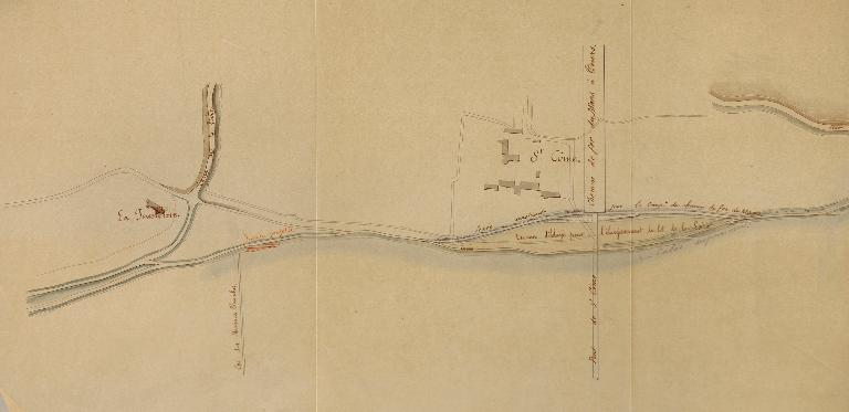 Plan du cours de la Loire entre le Bec de la Sisse (sic) et Rochecorbon, mention de l'embouchure de la Cisse, XVIIIe siècle. (archives départementales d'Indre-et-Loire, Plan II/3.1.15.1).
