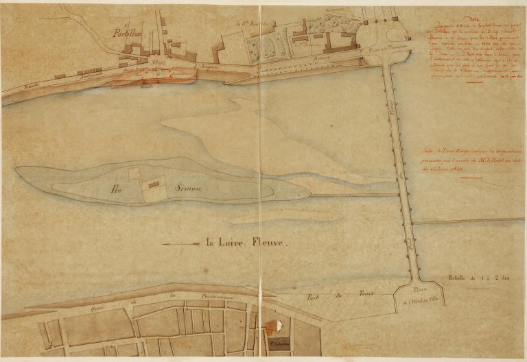 Projet de rampe d'abordage pour le bac de Chouzé, profil type de la cale dressé par le conducteur, 17 juin 1863. (archives départementales d'Indre-et-Loire, S 5143).