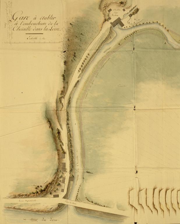 Détail d'un plan relatif à la rectification des rampes de l'Abreuvoir et de la rue de la Paix, ingénieur ordinaire Pluyette, 27 octobre 1863 : section située en aval du pont suspendu Saint-Symphorien. (archives départementales d'Indre-et-Loire).