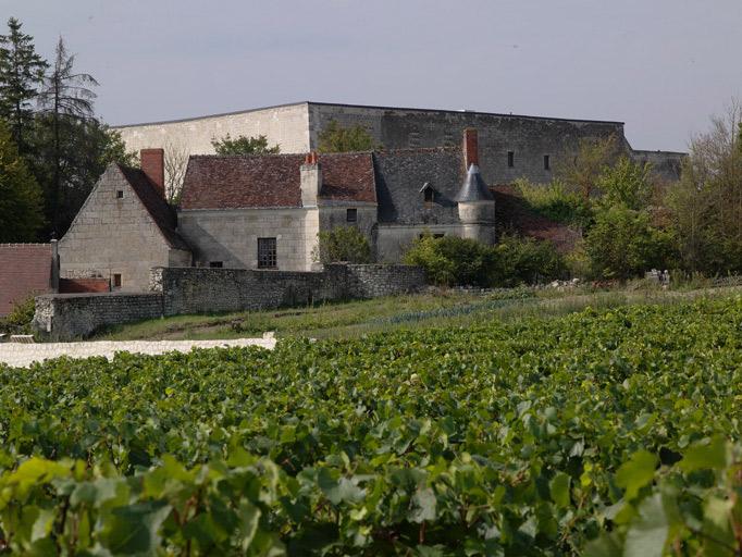 Le logis de la Poterne contre lequel s'appuyait la porte Bogot et les communs du château à l'arrière plan. Vue au nord-est.