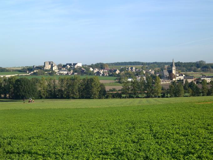Vue d'ensemble du village depuis Crouzilles (avec tracteur).