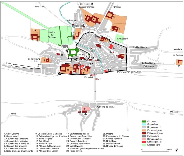 Plan de la ville au milieu du XVIIe siècle (hypothèse de restitution).