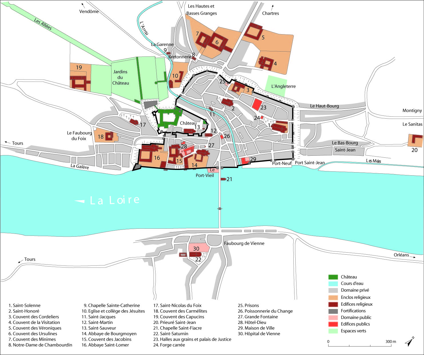 Plan de la ville de Blois au milieu du XVIIe siècle, hypothèse de restitution.