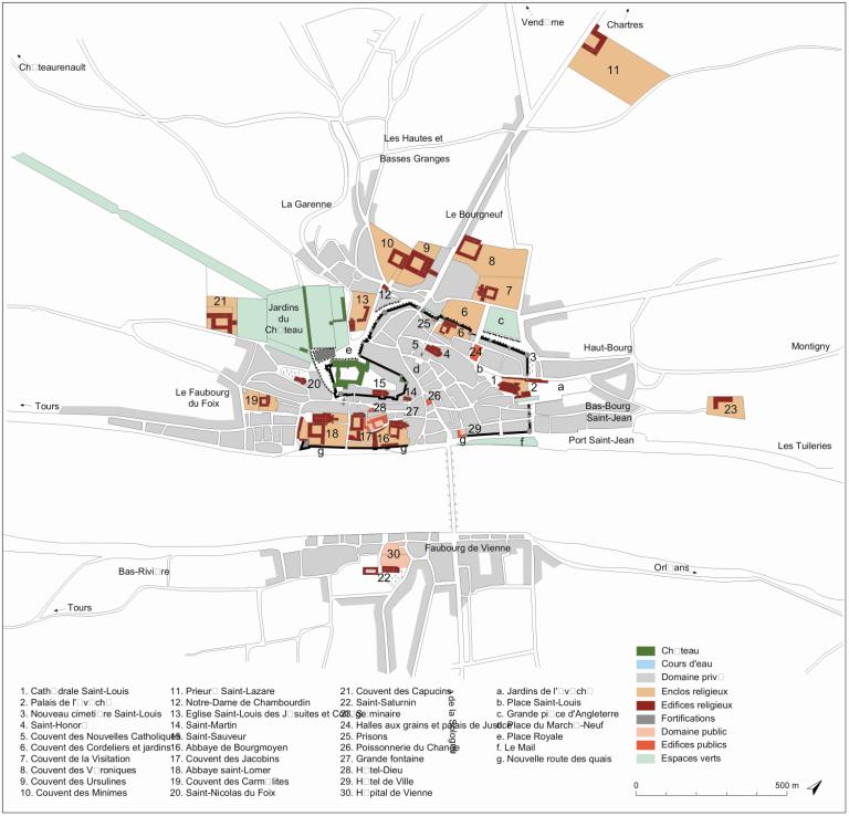 Plan de la ville de Blois pendant la seconde moitié du XVIIIe siècle (restitution d'après le plan n° 225 des AD du Loir-et-Cher).