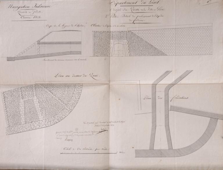 Projet de quai de la ville de Gien, 8 septembre 1823.  (archives départementales du Loiret, 2 S 50).