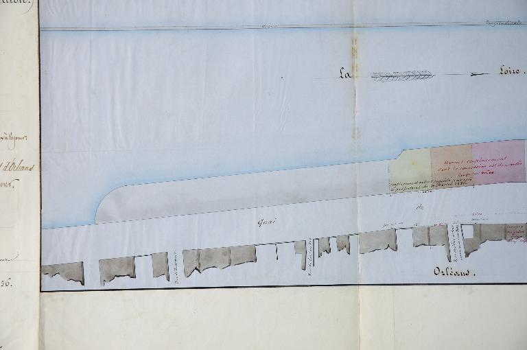 Demande d'un nouvel emplacement dans le port de Recouvrance, 17 mars 1856, détail (partie gauche du plan). (archives départementales du Loiret, 2 S 65).