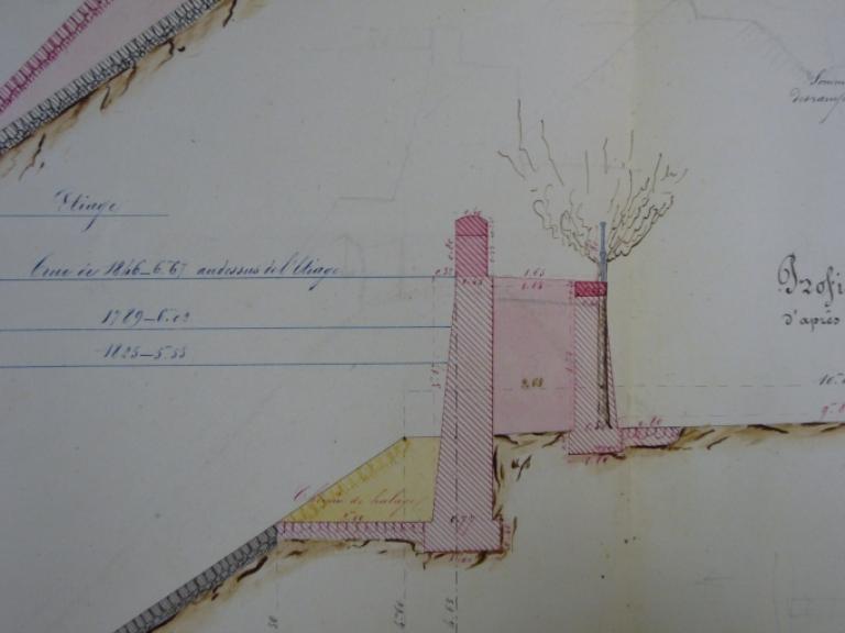 Profil moyen de la banquette et du chemin de halage, rive droite, projet 1, 22 mai 1851. (archives départementales du Loiret, Liasse 30917).