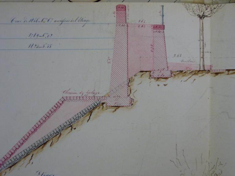 Profil moyen de la banquette et du chemin de halage, rive droite, projet 2, 22 mai 1851. (archives départementales du Loiret, Liasse 30917).