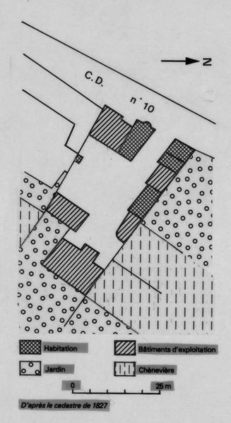 Regroupement de bâtiments autour d'une cour commune, d'après le cadastre de 1827.