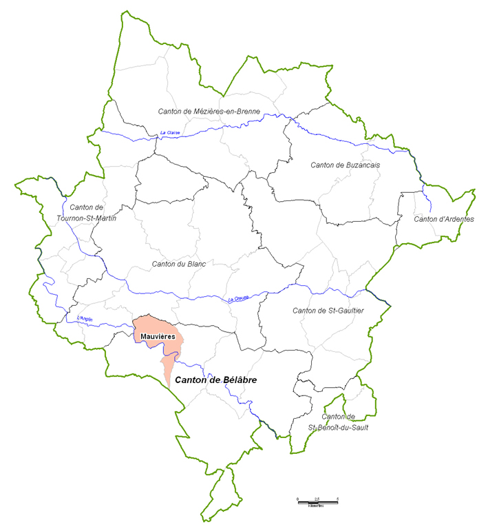 La commune de Mauvières au sein du territoire du parc naturel régional de la Brenne.