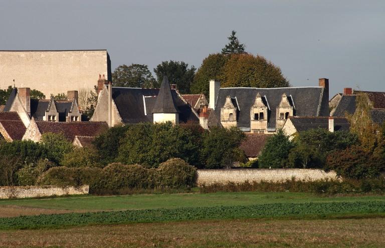 Vue générale prise du sud, avec la maison du grand Carroi, la maison 'de justice' et la maison Gaby. Au fond le haut mur des communs du château.