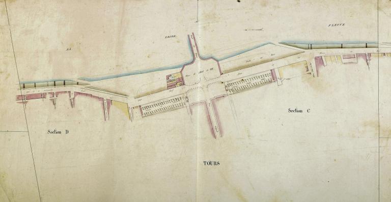 Tours en ballon, vue prise au-dessus du petit séminaire, lithogravure de Jules Arnout, vers 1850. (société archéologique de Touraine).