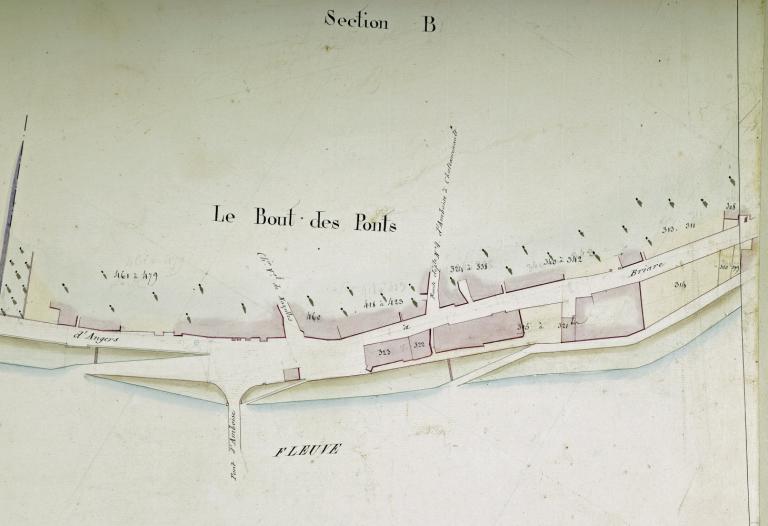 Plan de la Loire dans le département d'Indre-et-Loire (Service spécial Loire), non daté (milieu XIXe siècle) : détail sur le port de Bréhémont. (archives départementales du Loiret, 12 Fi 7-28).