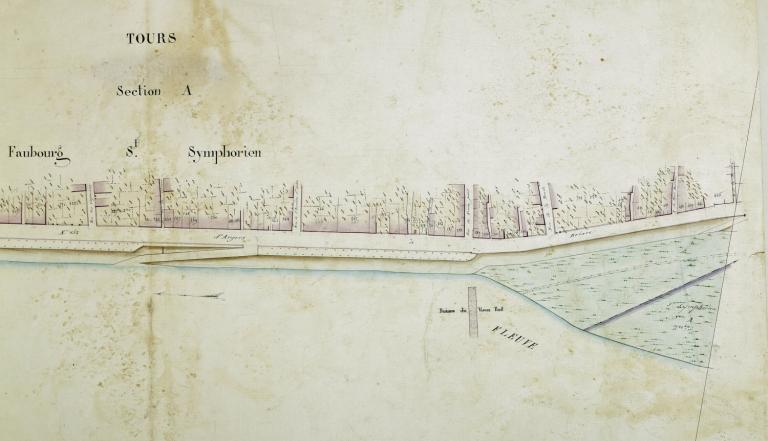 La Loire avec l'Ile Simon au premier plan, vers 1929-1930. Photographie aérienne. (archives municipales de Tours, 102 Fi 10).