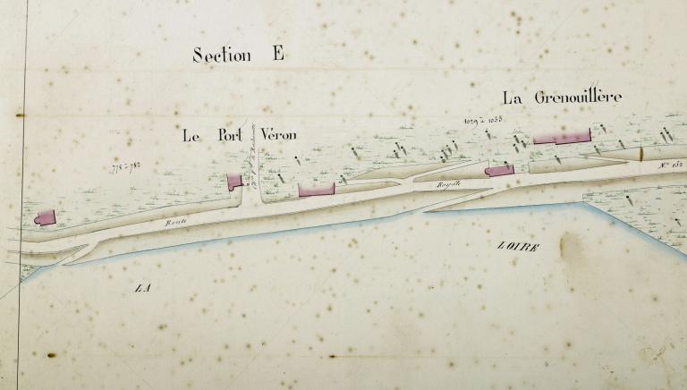 Extrait du cadastre napoléonien, entre 1835 et 1840, détail figurant la gare du canal de jonction Cher Loire. (archives départementales d'Indre-et-Loire, 3 P 2/261/6).