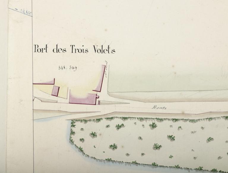 Plan de l'embouchure de l'Amasse à Amboise par l'ingénieur en chef Cormier, extrait d'un rapport sur les gares d'eau daté du 2 août 1819. (archives départementales d'Indre-et-Loire, S 2087).