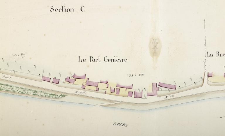Défense de la ville d'Amboise contre les inondations de la Loire et de l'Amasse. Plan de la rive gauche en amont du pont, détail, non daté (probablement entre 1856 et 1866). (archives départementales d'Indre-et-Loire, S 4987).