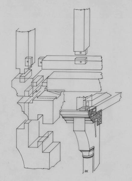 Restitution des détails d'assemblage de la façade antérieure de la maison : poteau cornier, encorbellement sur poteau élargi.