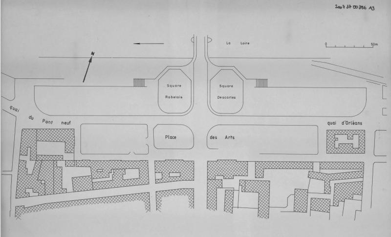 Restitution de la place vers 1900 d'après les plans de la ville de 1938 au 1/5000ème, de 1937 au 1/5000ème et de 1898 au 1/2000ème.