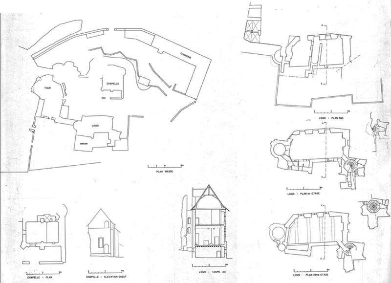 Plan masse. Chapelle : plan et élévation ouest. Logis : plans du 1er et du 2ème étage et coupes.