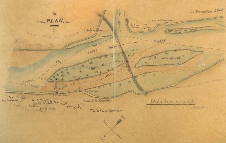 Plan de la culée du pont de Tours du côté de la ville et des quais depuis la Madeleine jusqu'au Ruau Sainte-Anne, rive gauche, XVIIIe siècle (après la construction du nouveau pont 1765-1778). Détail sur les abords du nouveau pont.