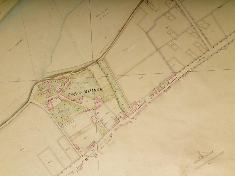 Carte de la Loire, non datée (entre 1844 et 1858), détail sur le bourg de Muides-sur-Loire. Mention d'une cale. (archives départementales du Loiret, Carte Loire 41 : 12 Fi 7-26).