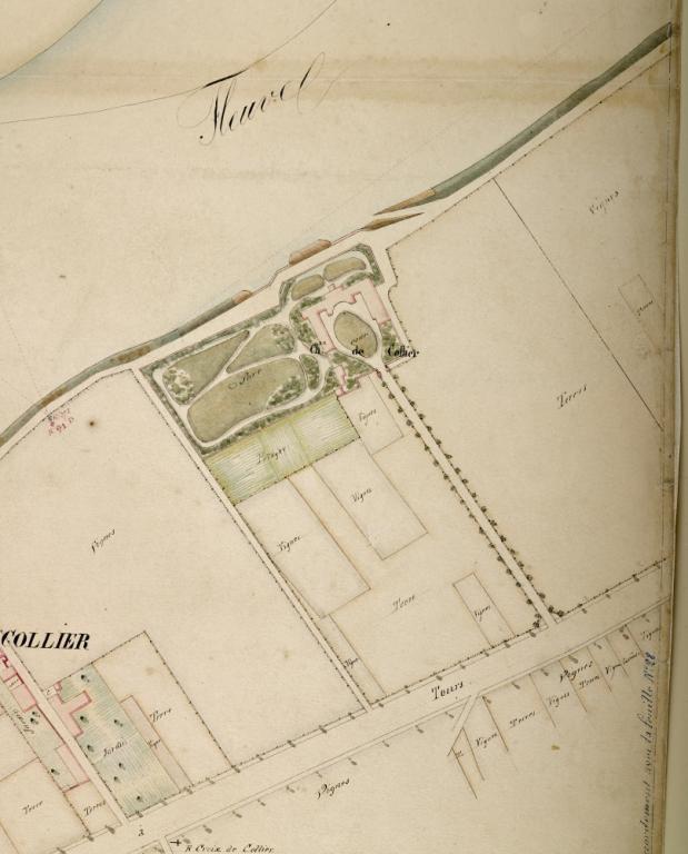 Carte de la Loire, non datée (entre 1844 et 1858), détail sur le château des Colliers à Muides-sur-Loire. Mention d'une cale. (archives départementales du Loiret, Carte Loire 41 : 12 Fi 7-26).