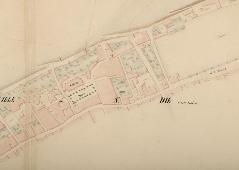 Carte de la Loire, non datée (entre 1844 et 1858). Détail sur la ville de Saint-Dyé. Cale la plus à droite. (archives départementales du Loiret, Carte Loire 41 : 12 Fi 7-26). ; Carte de la Loire, non datée (entre 1844 et 1858). Détail sur la ville de Saint-Dyé. Cale située au centre. (archives départementales du Loiret, Carte Loire 41 : 12 Fi 7-26).