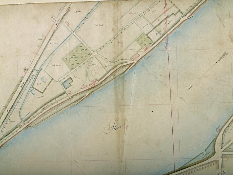 Carte de la Loire non datée (vers 1860), détail : rive droite en amont du pont et du port Saint-Jean. (archives départementales du Loiret, Carte Loire 41 : 12 Fi 7 -26).