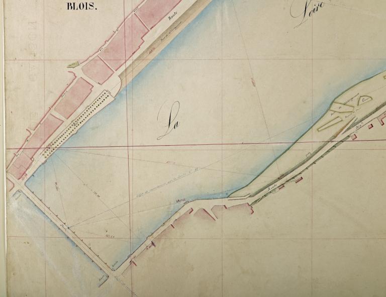 Carte de la Loire non datée (vers 1860) : détail sur la partie située immédiatement en amont du pont Jacques Gabriel. (archives départementales du Loiret, Carte Loire 41 : 12 Fi 7-26).