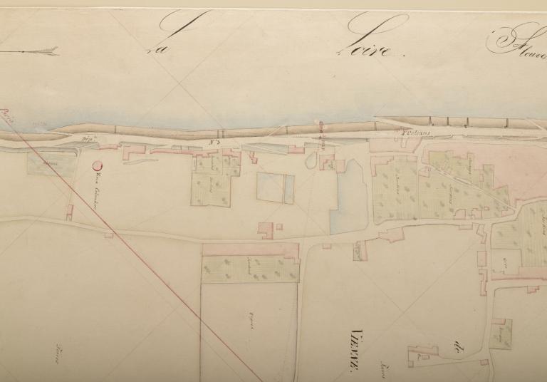 Carte de la Loire non datée (vers 1860) : détail sur Blois (rive gauche en aval du pont). (archives départementales du Loiret, Carte Loire 41 : 12 Fi 7-26).