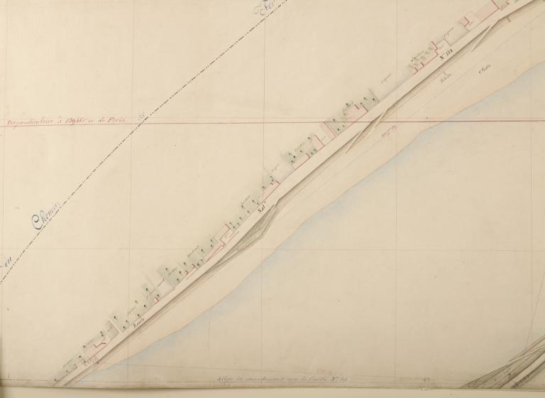 Carte de la Loire non datée (entre 1844 et 1858). Détail sur la partie située en aval du pont de Blois (rive droite). (archives départementales du Loiret, Carte Loire 41 : 12 Fi 7-26).