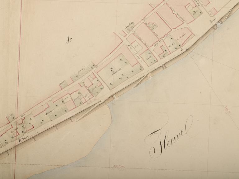 Carte de la Loire non datée (entre 1844 et 1858). Détail sur la partie située en aval du pont de Blois (rive droite). En haut à droite, l'arche de la Galère. (archives départementales du Loiret, Carte Loire 41 : 12 Fi 7-26).