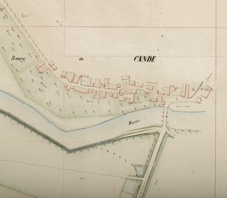 Carte de la Loire non datée (entre 1844 et 1858) : détail sur le port de Candé situé en amont de la gare de Candé. (archives départementales du Loiret, Carte Loire 41 : 12 Fi 7-26).