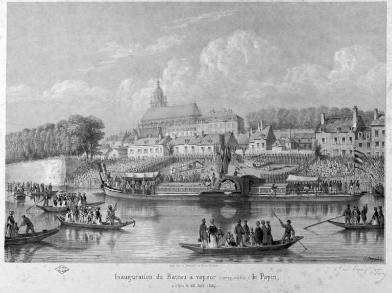 Inauguration du bateau à vapeur (inexplosible) le Papin à Blois, 23 juin 1839, au port Saint-Jean. (archives départementales du Loiret (d'après un document conservé au musée des Beaux Arts d'Orléans), DCT 17306).