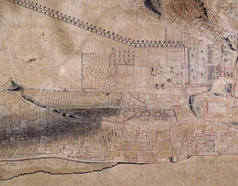 Plan dit de Boyer, non daté, probablement entre 1730 (le Mail est planté) et 1770 (le port Saint-Jean est encore une grève). Détail sur la partie située en aval du pont. (bibliothèque municipale de Blois).