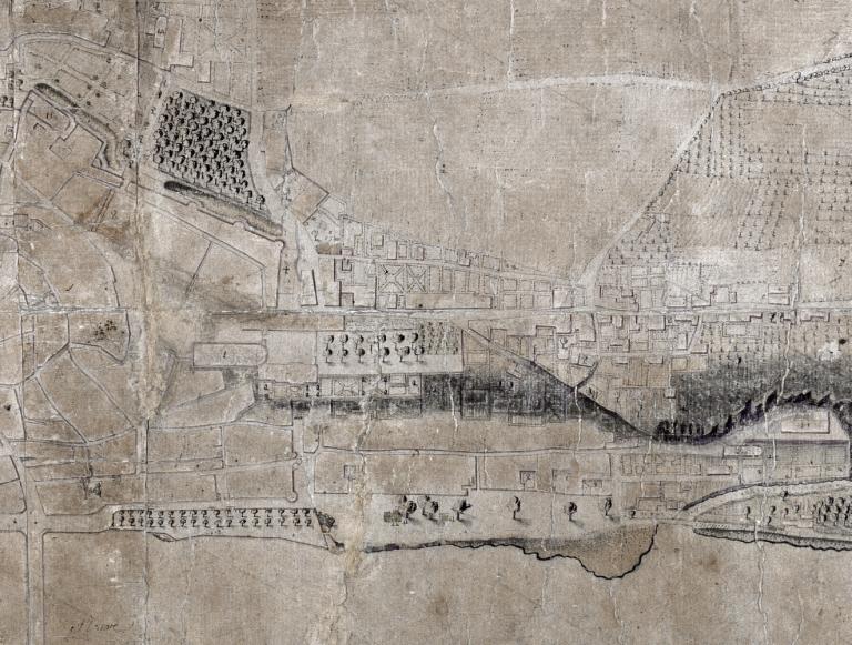 Plan dit de Boyer, non daté, entre 1730 et 1770. Détail sur la rive droite en amont du pont. (bibliothèque municipale de Blois). ; Plan dit de Boyer, non daté, entre 1730 et 1770. Détail sur la rive droite en amont du pont. (bibliothèque municipale de Blois).