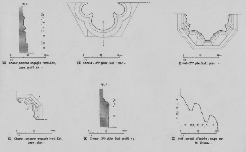 Profils horizontaux et verticaux. Choeur : colonne engagée nord-est, troisième pilier sud. Nef : deuxième pilier sud, linteau portail d'entrée.