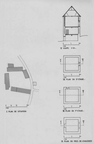 Plan de situation, coupe transversale, plans du rez-de-chaussée, du premier et du deuxième étage.