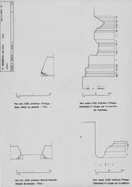 Mur est : plan de chassis du tympan du rez-de-chaussée, détail du piédroit de la baie du premier étage. Mur ouest : coupe sur le piédroit de la cheminée et sur la corniche du manteau.