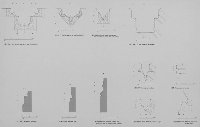 Nef : plans et profils des 2ème et 4ème pile sud. Collatéral nord : coupes et plans de fenêtres de la 2ème et 3ème travée. Choeur : coupe sur le doubleau.