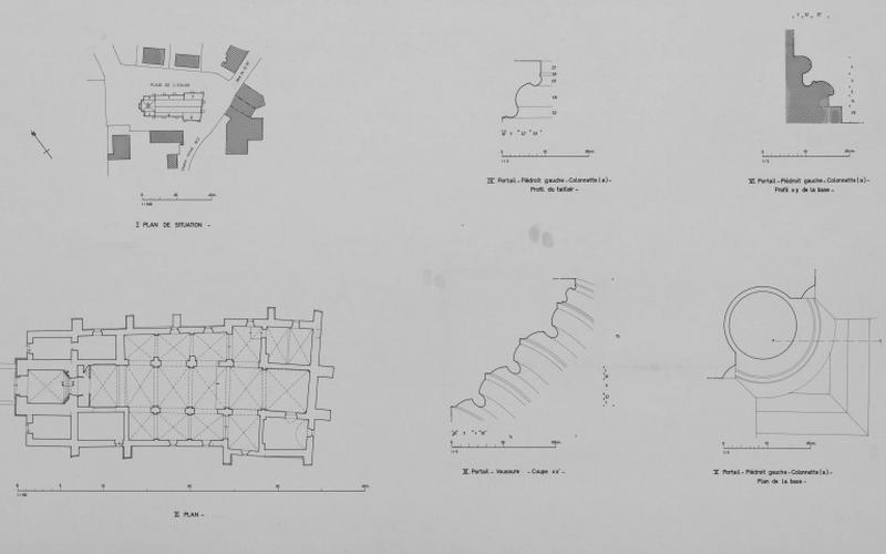 Plan de situation, plan. Portail : coupes et profils d'une voussure et de la colonnette du piedroit gauche.