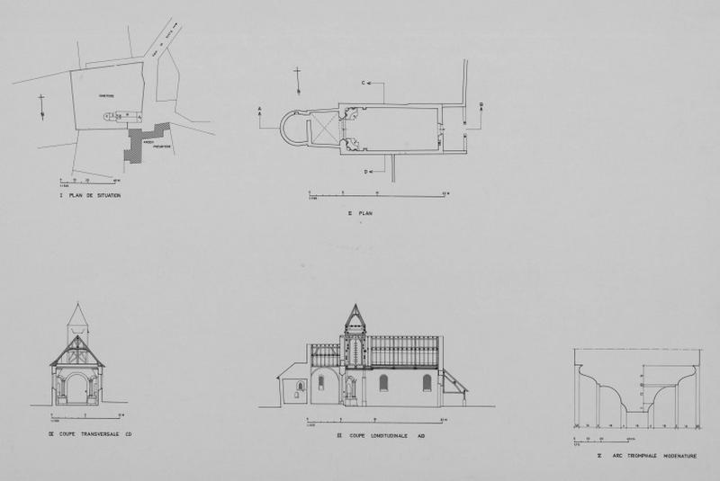 Plan de situation, plan et coupe transversale et longitudinale. Arc triomphale : coupe de modénature.