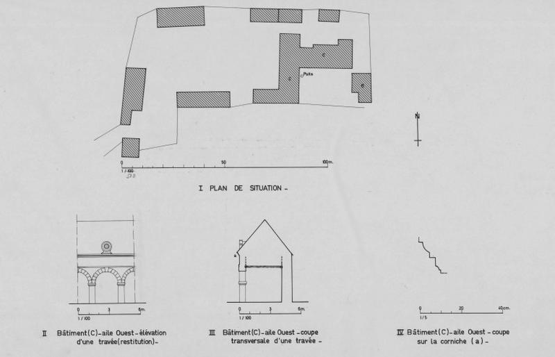 Plan de situation, coupes et élévation de l'aile ouest du bâtiment C.