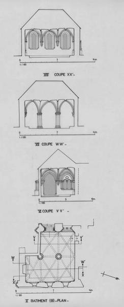 Plan et coupes longitudinales du bâtiment B.