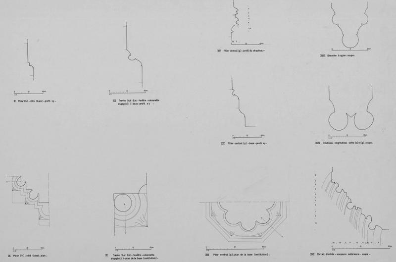 Pilier central : plan et coupe. Portail d'entreée : coupe des voussures. Travée sud : profil et plan d'une colonnette. Branche d'ogive : coupe. Doubleau longitudinale : coupe.