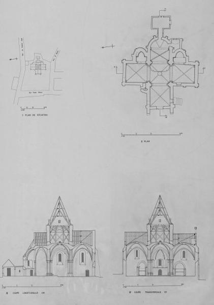 Plan de situation, plan et coupes longitudinales et transversales.