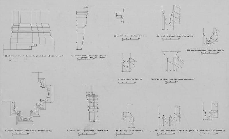 Croisée du transept : plan, élévation de la pile nord-ouest, coupe d'ogive et d'un doubleau longitudinal. Absidiole nord : coupe du bandeau et élévation de la colonnette nord de l'arc d'entrée. Choeur : élévation du pilier nord, coupe d'une ogive de la travée droite. Nef : coupe d'une ogive et d'un arc formeret. Abside : coupe d'une nervure. Bras nord du transept : coupe d'une ogive.