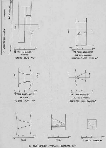 Tour nord-ouest : plan et coupe d'une fenêtre et de la meurtrière. Tour nord-Est : plan, coupe et élévation de la meurtrière Est du premier étage.