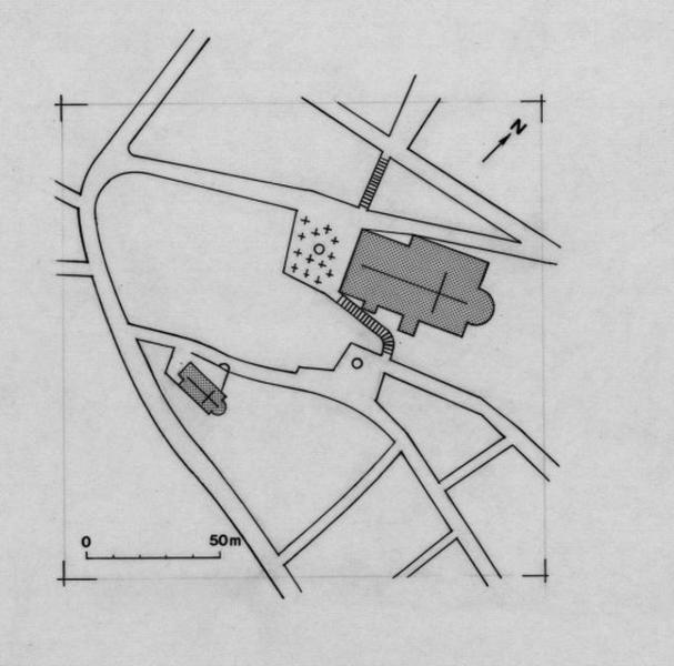 Plan de situation, au 1/2500e, de l'enclos de Saint-Honoré et de la collégiale Saint-Jacques à la fin du Moyen Age (hypothèse de restitution).